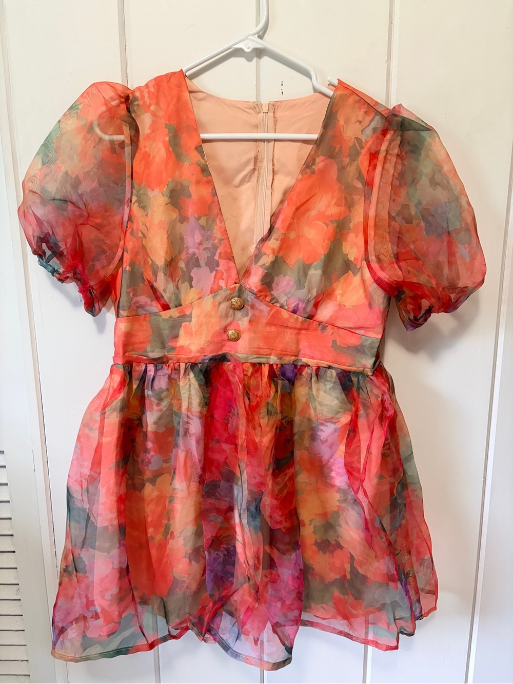 Womens Floral Puff-Sleeve Party Dress - Coral Multi